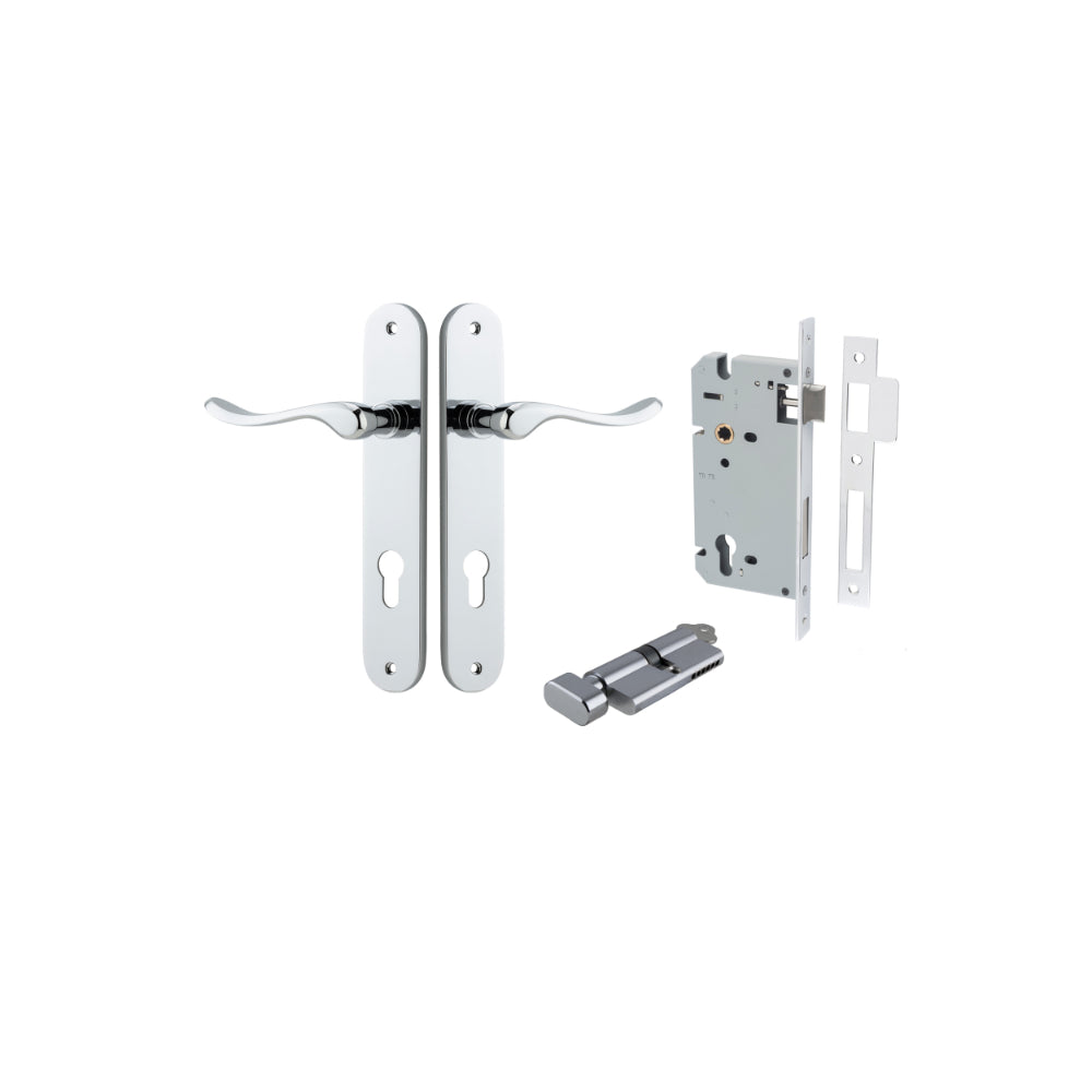 Door Lever Stirling Oval Euro Pair Polished Chrome CTC85mm H240xW40xP64mm Entrance Kit, Mortice Lock Euro Polished Chrome CTC85mm Backset 60mm, Euro Cylinder Key Thumb 6 Pin Polished Chrome L70mm KA1 in Polished Chrome