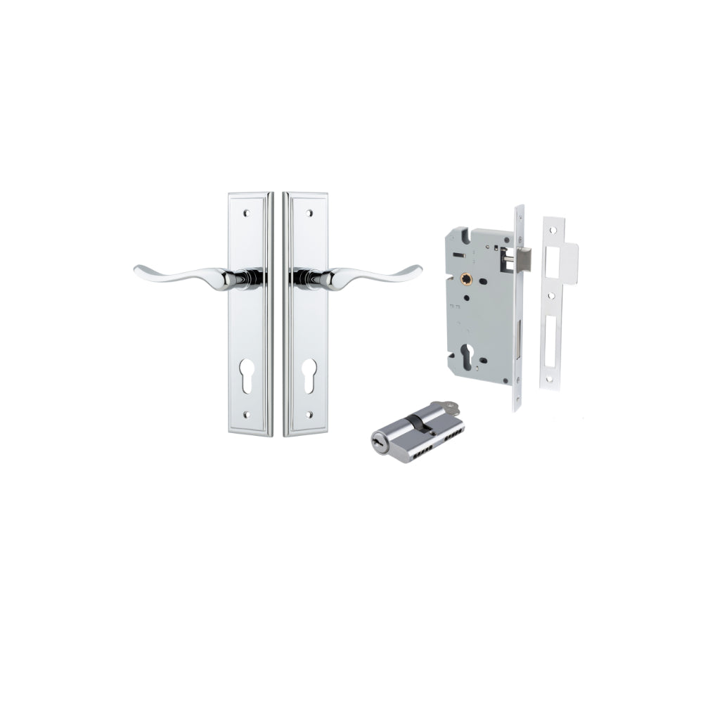 Door Lever Stirling Stepped Euro Pair Polished Chrome CTC85mm H237xW50xP64mm Entrance Kit, Mortice Lock Euro Polished Chrome CTC85mm Backset 60mm, Euro Cylinder Dual Function 5 Pin Polished Chrome L65mm KA1 in Polished Chrome