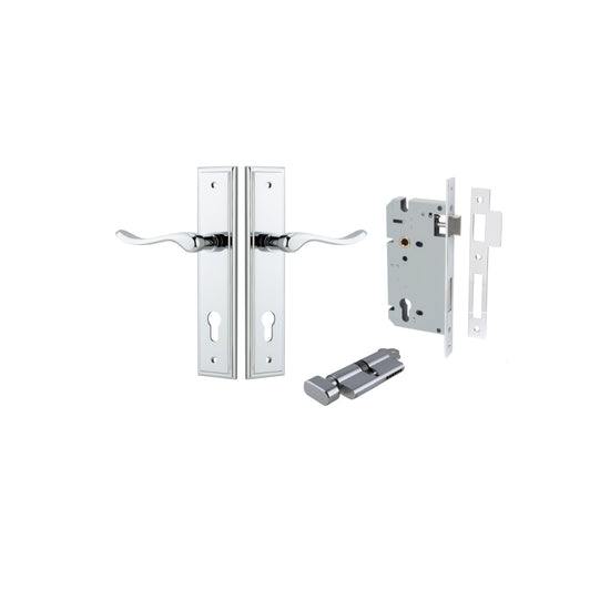 Door Lever Stirling Stepped Euro Pair Polished Chrome CTC85mm H237xW50xP64mm Entrance Kit, Mortice Lock Euro Polished Chrome CTC85mm Backset 60mm, Euro Cylinder Key Thumb 6 Pin Polished Chrome L70mm KA1 in Polished Chrome