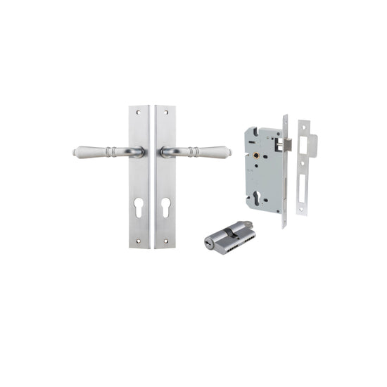 Door Lever Sarlat Rectangular Euro Brushed Chrome CTC85mm H240xW38xP55mm Entrance Kit, Mortice Lock Euro Brushed Chrome CTC85mm Backset 60mm, Euro Cylinder Dual Function 5 Pin Brushed Chrome L65mm KA1 in Brushed Chrome