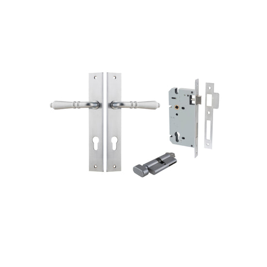 Door Lever Sarlat Rectangular Euro Brushed Chrome CTC85mm H240xW38xP55mm Entrance Kit, Mortice Lock Euro Brushed Chrome CTC85mm Backset 60mm, Euro Cylinder Key Thumb 6 Pin Brushed Chrome L70mm KA1 in Brushed Chrome