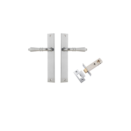 Door Lever Sarlat Rectangular Latch Brushed Chrome H240xW38xP55mm Passage Kit, Tube Latch Split Cam 'T' Striker Brushed Chrome Backset 60mm in Brushed Chrome