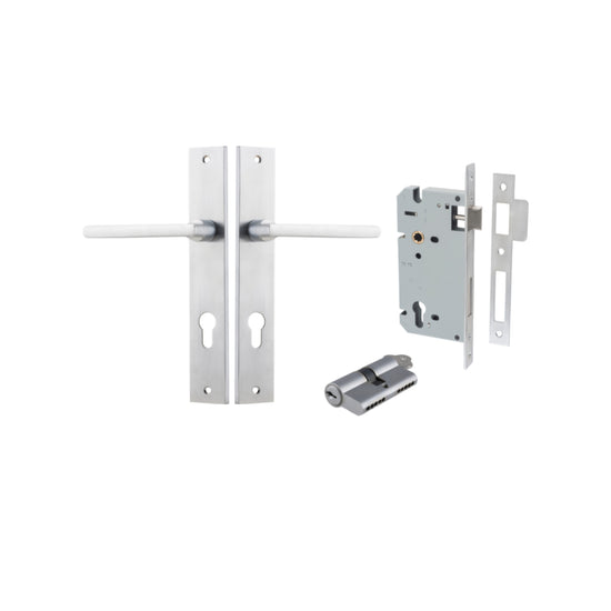 Door Lever Baltimore Rectangular Euro Brushed Chrome CTC85mm H240xW38xP55mm Entrance Kit, Mortice Lock Euro Brushed Chrome CTC85mm Backset 60mm, Euro Cylinder Dual Function 5 Pin Brushed Chrome L65mm KA1 in Brushed Chrome