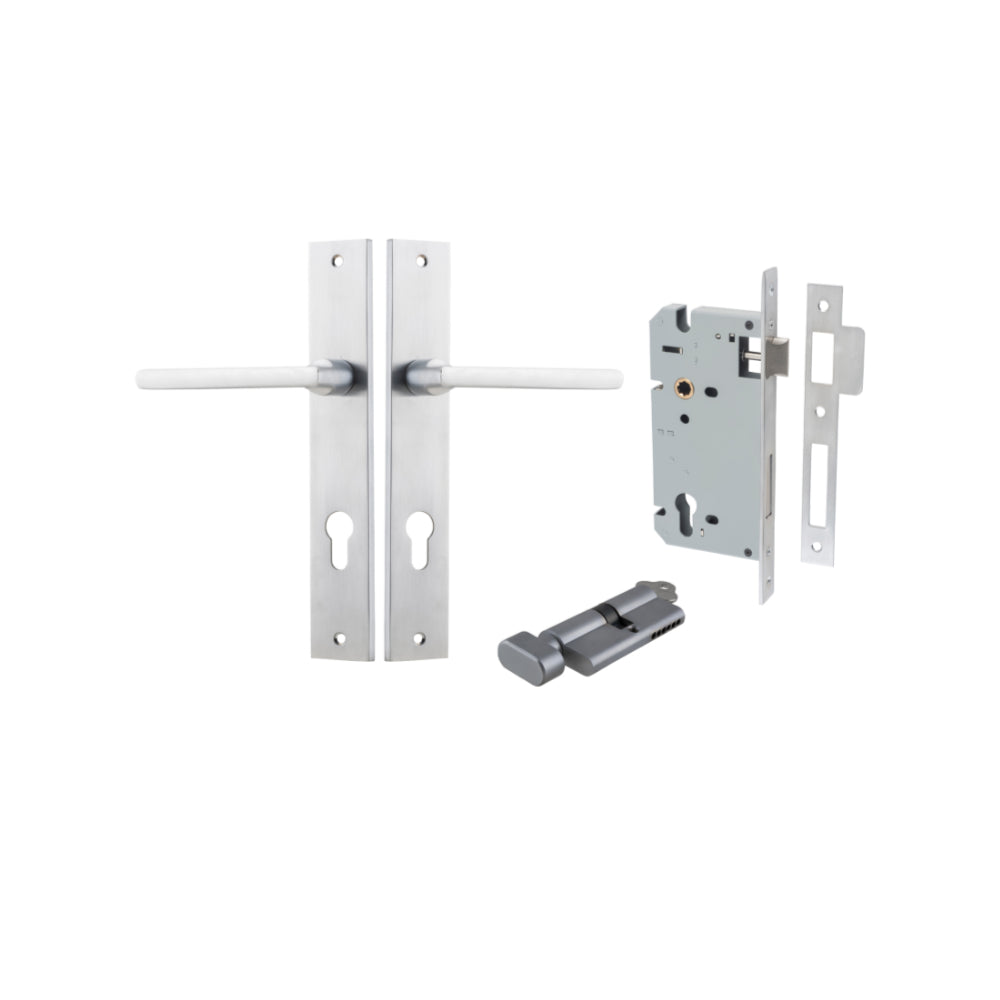 Door Lever Baltimore Rectangular Euro Brushed Chrome CTC85mm H240xW38xP55mm Entrance Kit, Mortice Lock Euro Brushed Chrome CTC85mm Backset 60mm, Euro Cylinder Key Thumb 6 Pin Brushed Chrome L70mm KA1 in Brushed Chrome