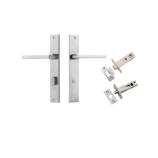 Door Lever Baltimore Rectangular Privacy Brushed Chrome CTC85mm H240xW38xP55mm Inbuilt Privacy Kit, Tube Latch Split Cam 'T' Striker Brushed Chrome Backset 60mm, Privacy Bolt Round Bolt Brushed Chrome Backset 60mm in Brushed Chrome