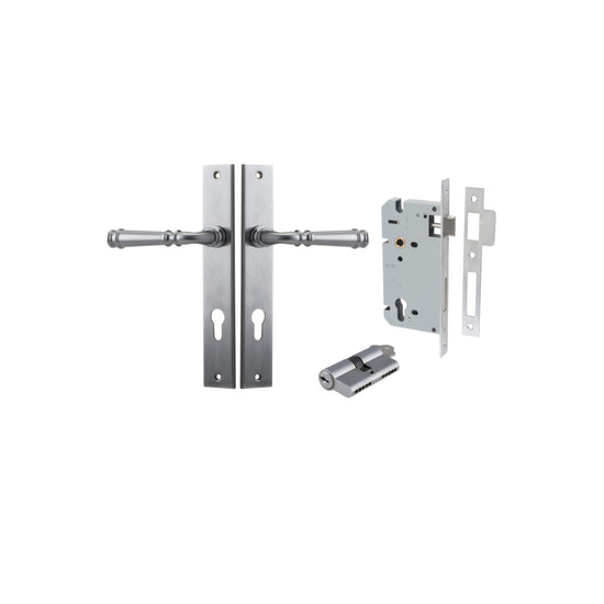 Door Lever Verona Rectangular Euro Brushed Chrome CTC85mm H240xW38xP59mm Entrance Kit, Mortice Lock Euro Brushed Chrome CTC85mm Backset 60mm, Euro Cylinder Dual Function 5 Pin Brushed Chrome L65mm KA1 in Brushed Chrome