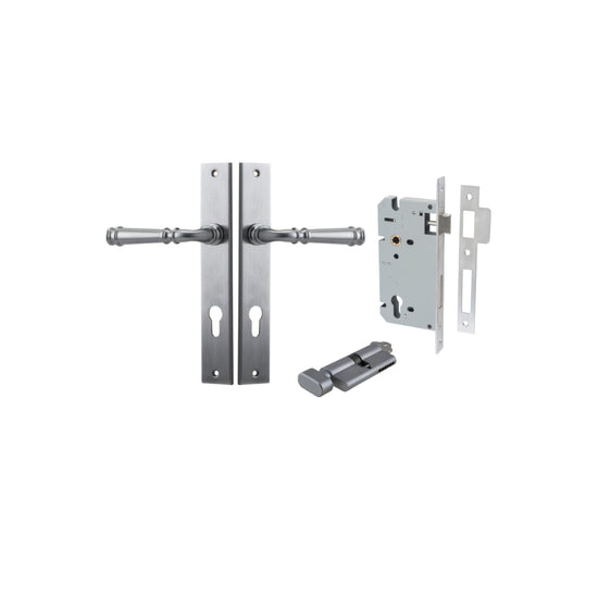 Door Lever Verona Rectangular Euro Brushed Chrome CTC85mm H240xW38xP59mm Entrance Kit, Mortice Lock Euro Brushed Chrome CTC85mm Backset 60mm, Euro Cylinder Key Thumb 6 Pin Brushed Chrome L70mm KA1 in Brushed Chrome