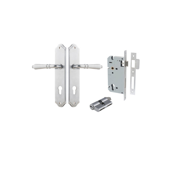 Door Lever Sarlat Shouldered Euro Brushed Chrome CTC85mm H250xW48xP57mm Entrance Kit, Mortice Lock Euro Brushed Chrome CTC85mm Backset 60mm, Euro Cylinder Dual Function 5 Pin Brushed Chrome L65mm KA1 in Brushed Chrome