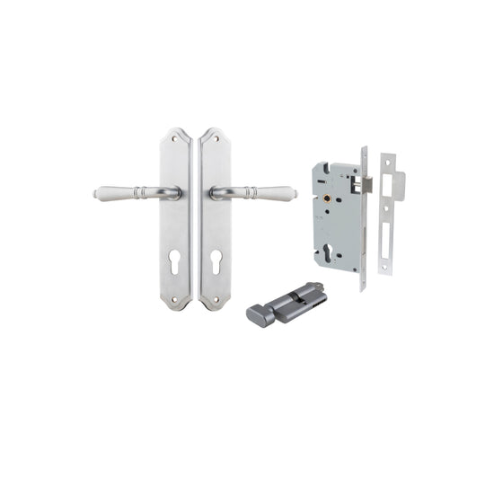 Door Lever Sarlat Shouldered Euro Brushed Chrome CTC85mm H250xW48xP57mm Entrance Kit, Mortice Lock Euro Brushed Chrome CTC85mm Backset 60mm, Euro Cylinder Key Thumb 6 Pin Brushed Chrome L70mm KA1 in Brushed Chrome