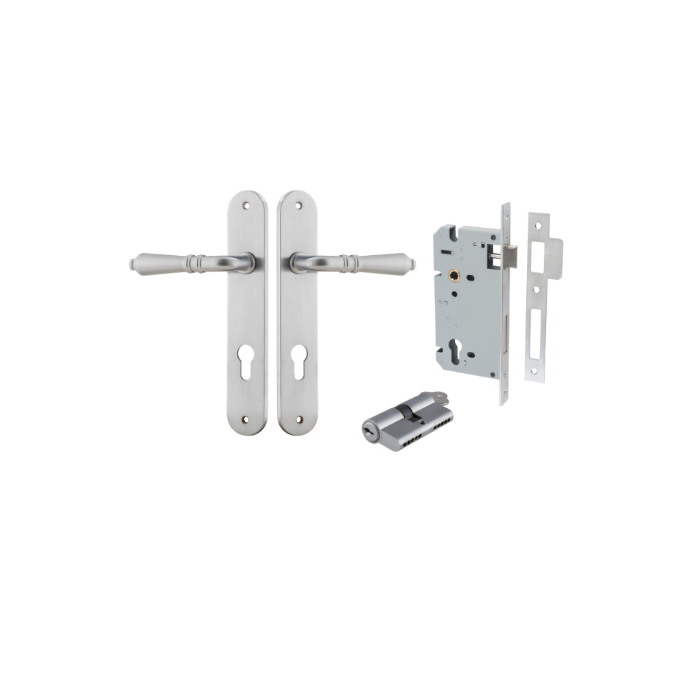 Door Lever Sarlat Oval Euro Brushed Chrome CTC85mm H240xW40xP55mm Entrance Kit, Mortice Lock Euro Brushed Chrome CTC85mm Backset 60mm, Euro Cylinder Dual Function 5 Pin Brushed Chrome L65mm KA1 in Brushed Chrome