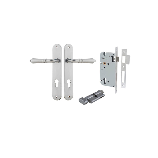 Door Lever Sarlat Oval Euro Brushed Chrome CTC85mm H240xW40xP55mm Entrance Kit, Mortice Lock Euro Brushed Chrome CTC85mm Backset 60mm, Euro Cylinder Key Thumb 6 Pin Brushed Chrome L70mm KA1 in Brushed Chrome