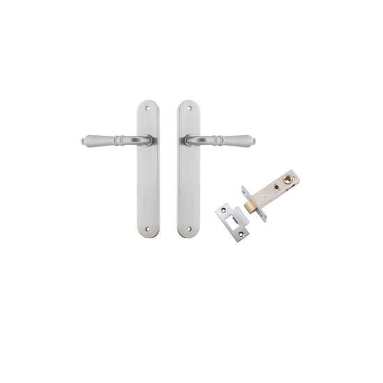 Door Lever Sarlat Oval Latch Brushed Chrome H240xW40xP55mm Passage Kit, Tube Latch Split Cam 'T' Striker Brushed Chrome Backset 60mm in Brushed Chrome