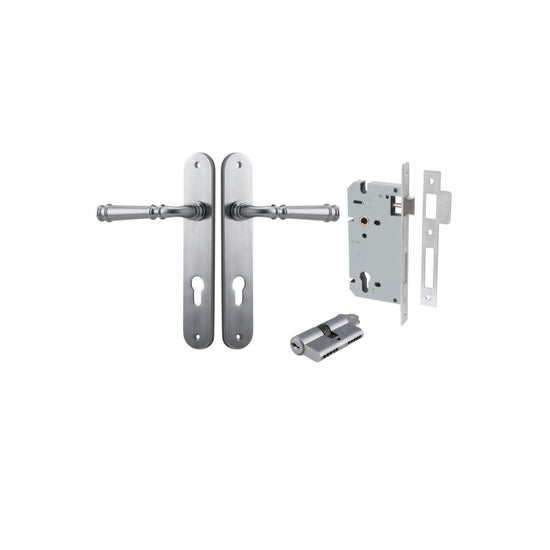 Door Lever Verona Oval Euro Brushed Chrome CTC85mm H240xW40xP59mm Entrance Kit, Mortice Lock Euro Brushed Chrome CTC85mm Backset 60mm, Euro Cylinder Dual Function 5 Pin Brushed Chrome L65mm KA1 in Brushed Chrome