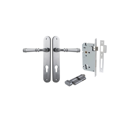 Door Lever Verona Oval Euro Brushed Chrome CTC85mm H240xW40xP59mm Entrance Kit, Mortice Lock Euro Brushed Chrome CTC85mm Backset 60mm, Euro Cylinder Key Thumb 6 Pin Brushed Chrome L70mm KA1 in Brushed Chrome