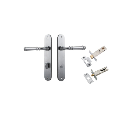 Door Lever Verona Oval Privacy Brushed Chrome CTC85mm H240xW40xP59mm Inbuilt Privacy Kit, Tube Latch Split Cam 'T' Striker Brushed Chrome Backset 60mm, Privacy Bolt Round Bolt Brushed Chrome Backset 60mm in Brushed Chrome