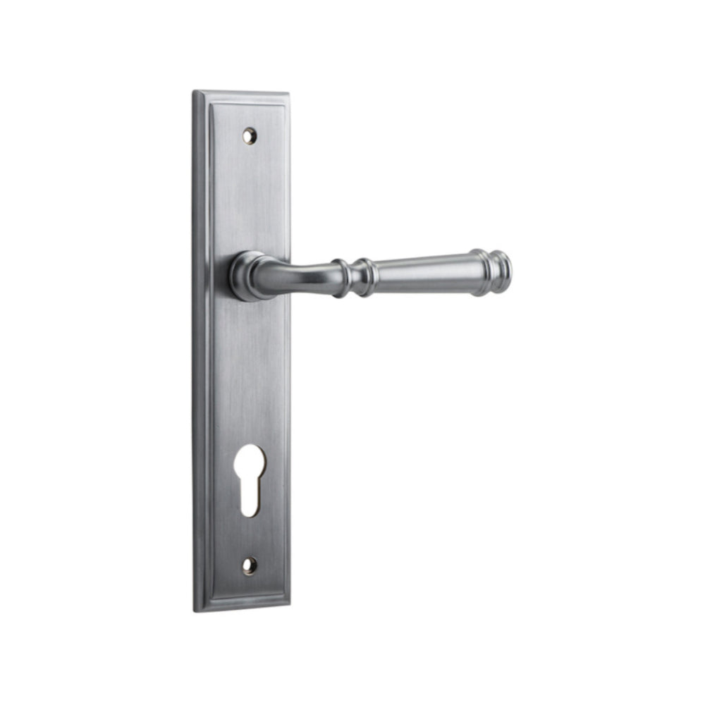 Door Lever Verona Stepped Euro Brushed Chrome CTC85mm H237xW50xP59mm in Brushed Chrome