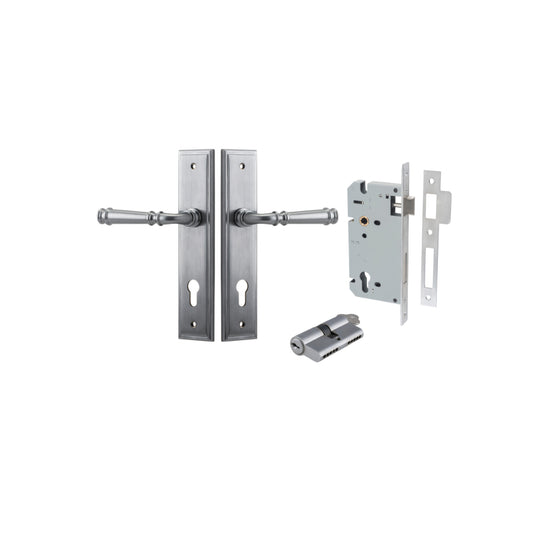 Door Lever Verona Stepped Euro Brushed Chrome CTC85mm H240xW50xP59mm Entrance Kit, Mortice Lock Euro Brushed Chrome CTC85mm Backset 60mm, Euro Cylinder Dual Function 5 Pin Brushed Chrome L65mm KA1 in Brushed Chrome