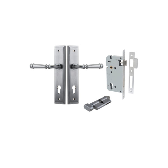 Door Lever Verona Stepped Euro Brushed Chrome CTC85mm H240xW50xP59mm Entrance Kit, Mortice Lock Euro Brushed Chrome CTC85mm Backset 60mm, Euro Cylinder Key Thumb 6 Pin Brushed Chrome L70mm KA1 in Brushed Chrome