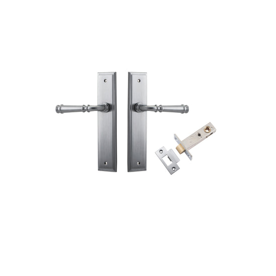 Door Lever Verona Stepped Latch Brushed Chrome H240xW50xP59mm Passage Kit, Tube Latch Split Cam 'T' Striker Brushed Chrome Backset 60mm in Brushed Chrome