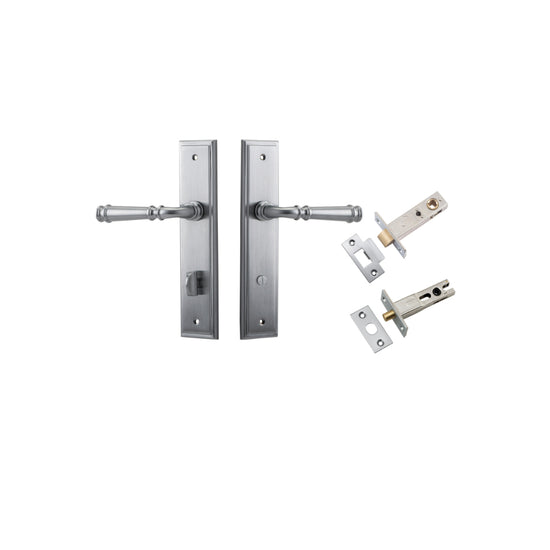 Door Lever Verona Stepped Privacy Brushed Chrome CTC85mm H240xW50xP59mm Inbuilt Privacy Kit, Tube Latch Split Cam 'T' Striker Brushed Chrome Backset 60mm, Privacy Bolt Round Bolt Brushed Chrome Backset 60mm in Brushed Chrome