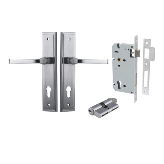 Door Lever Annecy Stepped Euro Brushed Chrome CTC85mm H240xW50xP65mm Entrance Kit, Mortice Lock Euro Brushed Chrome CTC85mm Backset 60mm, Euro Cylinder Dual Function 5 Pin Brushed Chrome L65mm KA1 in Brushed Chrome