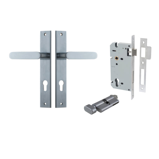 Door Lever Bronte Rectangular Euro Pair Brushed Chrome CTC85mm L117xP53mm BPH240xW38mm, Mortice Lock Euro Brushed Chrome CTC85mm Backset 60mm, Euro Cylinder Key Thumb 5 Pin Brushed Chrome 65mm KA4 in Brushed Chrome