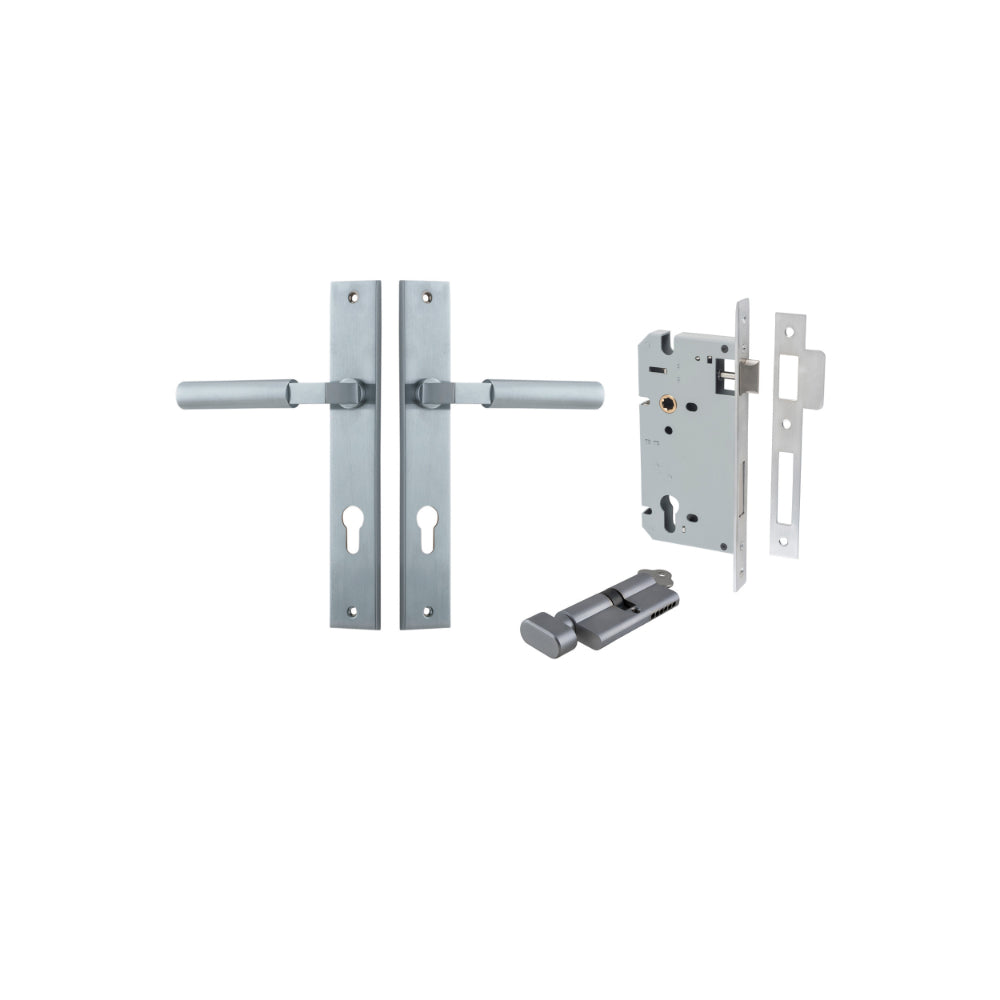 Door Lever Berlin Rectangular Euro Pair Brushed Chrome CTC85mm L120xP57mm BPH240xW38mm, Mortice Lock Euro Brushed Chrome CTC85mm Backset 60mm, Euro Cylinder Key Thumb 5 Pin Brushed Chrome 65mm KA4 in Brushed Chrome