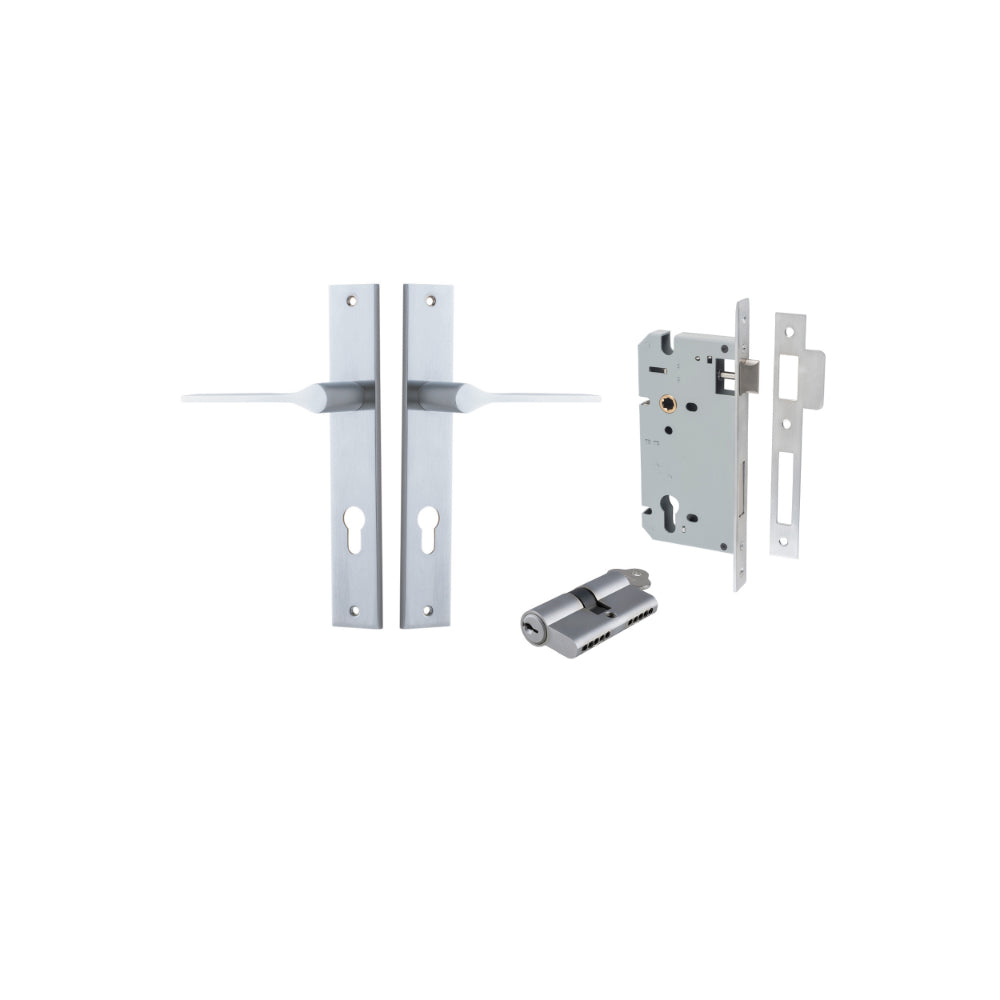 Door Lever Como Rectangular Euro Pair Brushed Chrome CTC85mm L119xP59mm BPH240xW38mm, Mortice Lock Euro Brushed Chrome CTC85mm Backset 60mm, Euro Cylinder Dual Function 5 Pin Brushed Chrome 65mm KA4 in Brushed Chrome