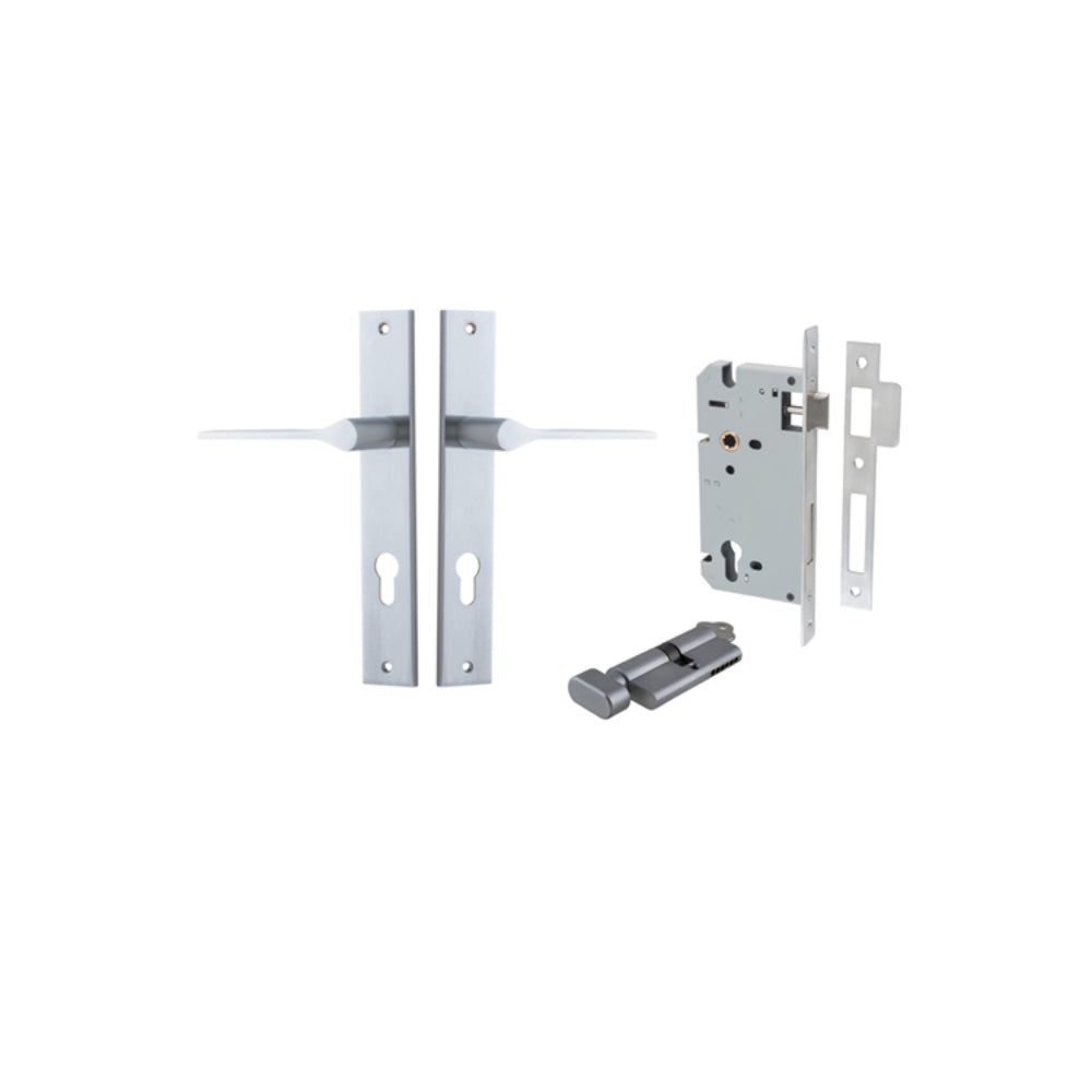 Door Lever Como Rectangular Euro Pair Brushed Chrome CTC85mm L119xP59mm BPH240xW38mm, Mortice Lock Euro Brushed Chrome CTC85mm Backset 60mm, Euro Cylinder Key Thumb 5 Pin Brushed Chrome 65mm KA4 in Brushed Chrome