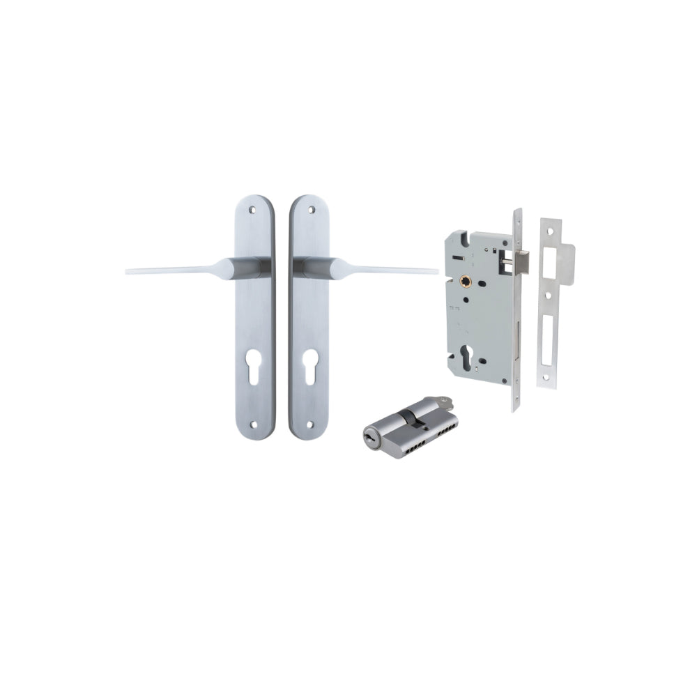 Door Lever Como Oval Euro Pair Brushed Chrome CTC85mm L119xP59mm BPH240xW40mm, Mortice Lock Euro Brushed Chrome CTC85mm Backset 60mm, Euro Cylinder Dual Function 5 Pin Brushed Chrome 65mm KA4 in Brushed Chrome