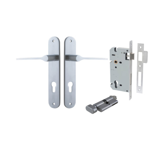 Door Lever Como Oval Euro Pair Brushed Chrome CTC85mm L119xP59mm BPH240xW40mm, Mortice Lock Euro Brushed Chrome CTC85mm Backset 60mm, Euro Cylinder Key Thumb 5 Pin Brushed Chrome 65mm KA4 in Brushed Chrome