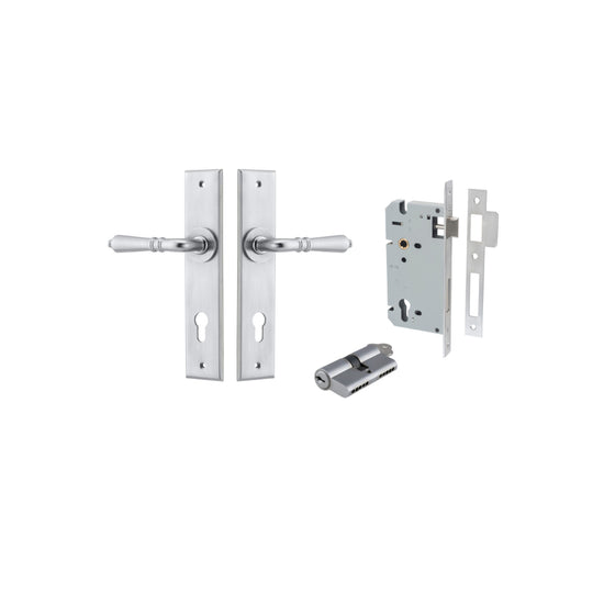 Door Lever Sarlat Chamfered Euro Pair Brushed Chrome CTC85mm L111xP55mm BPH240xW50mm, Mortice Lock Euro Brushed Chrome CTC85mm Backset 60mm, Euro Cylinder Dual Function 5 Pin Brushed Chrome 65mm KA4 in Brushed Chrome