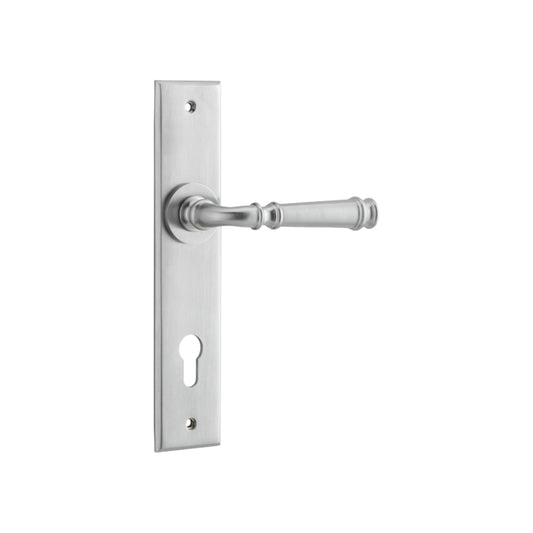 Door Lever Verona Chamfered Euro Brushed Chrome CTC85mm H240xW50xP59mm in Brushed Chrome