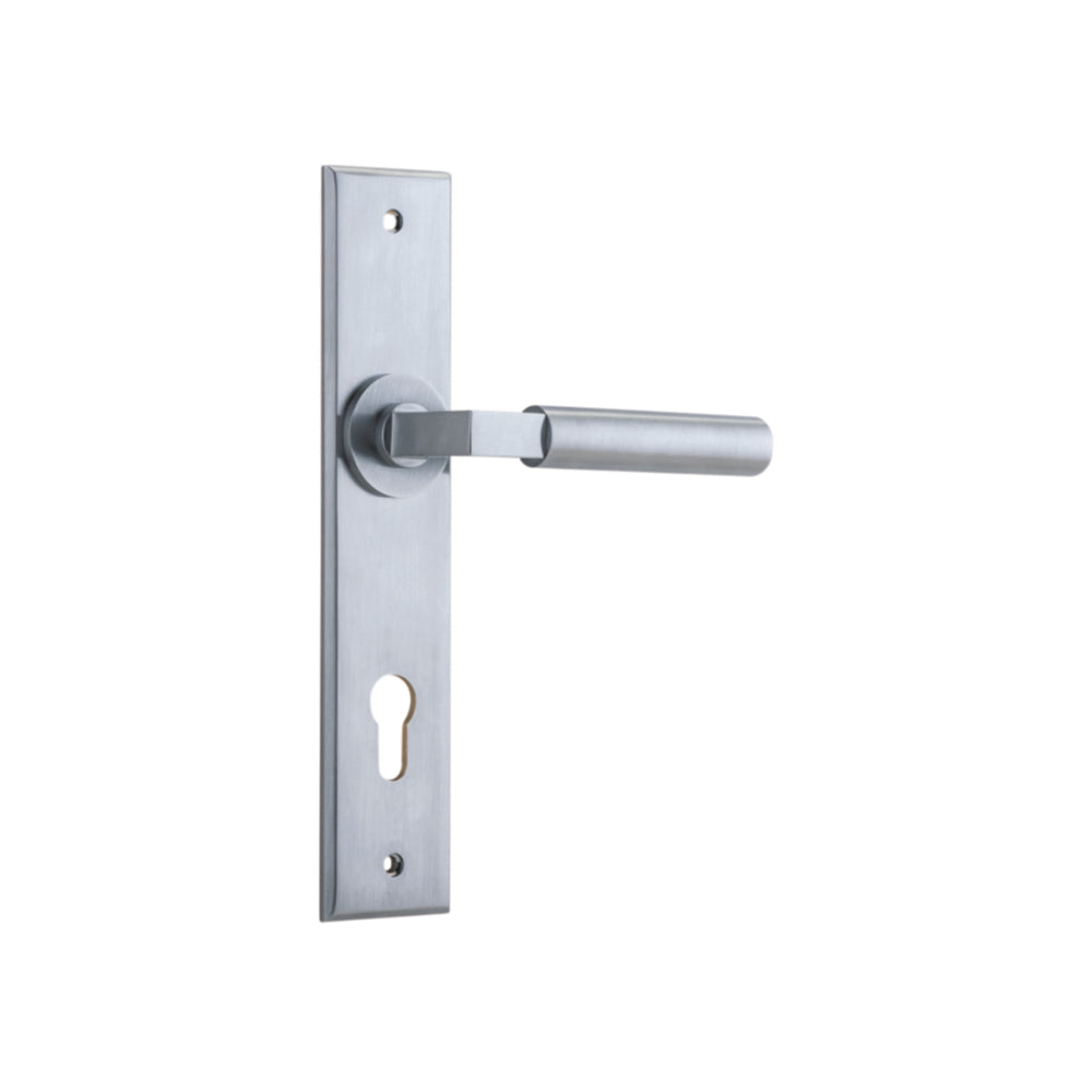 Door Lever Berlin Chamfered Euro Brushed Chrome CTC85mm H240xW50xP59mm in Brushed Chrome