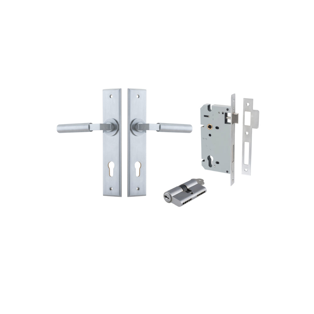 Door Lever Berlin Chamfered Euro Pair Brushed Chrome CTC85mm L120xP59mm BPH240xW50mm, Mortice Lock Euro Brushed Chrome CTC85mm Backset 60mm, Euro Cylinder Dual Function 5 Pin Brushed Chrome 65mm KA4 in Brushed Chrome