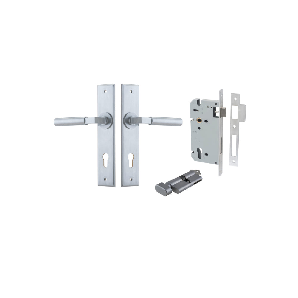 Door Lever Berlin Chamfered Euro Pair Brushed Chrome CTC85mm L120xP59mm BPH240xW50mm, Mortice Lock Euro Brushed Chrome CTC85mm Backset 60mm, Euro Cylinder Key Thumb 5 Pin Brushed Chrome 65mm KA4 in Brushed Chrome