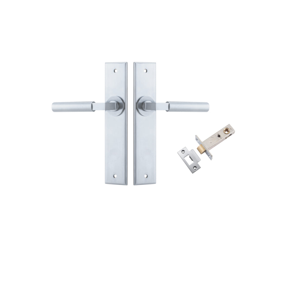 Door Lever Berlin Chamfered Brushed Chrome L120xP59mm BPH240xW50mm Passage Kit, Tube Latch Split Cam 'T' Striker Brushed Chrome Backset 60mm in Brushed Chrome