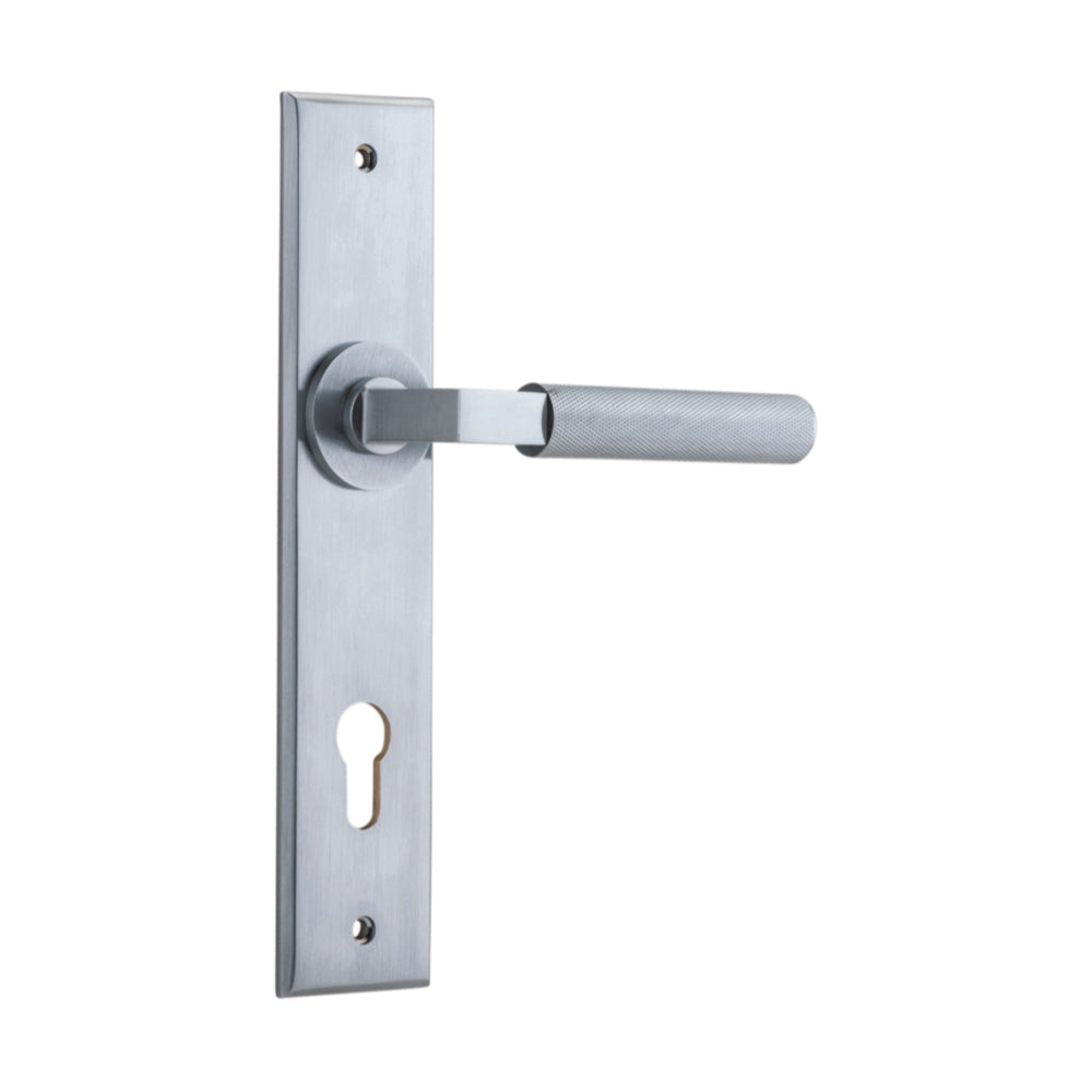 Door Lever Brunswick Chamfered Euro Brushed Chrome CTC85mm H240xW50xP60mm in Brushed Chrome