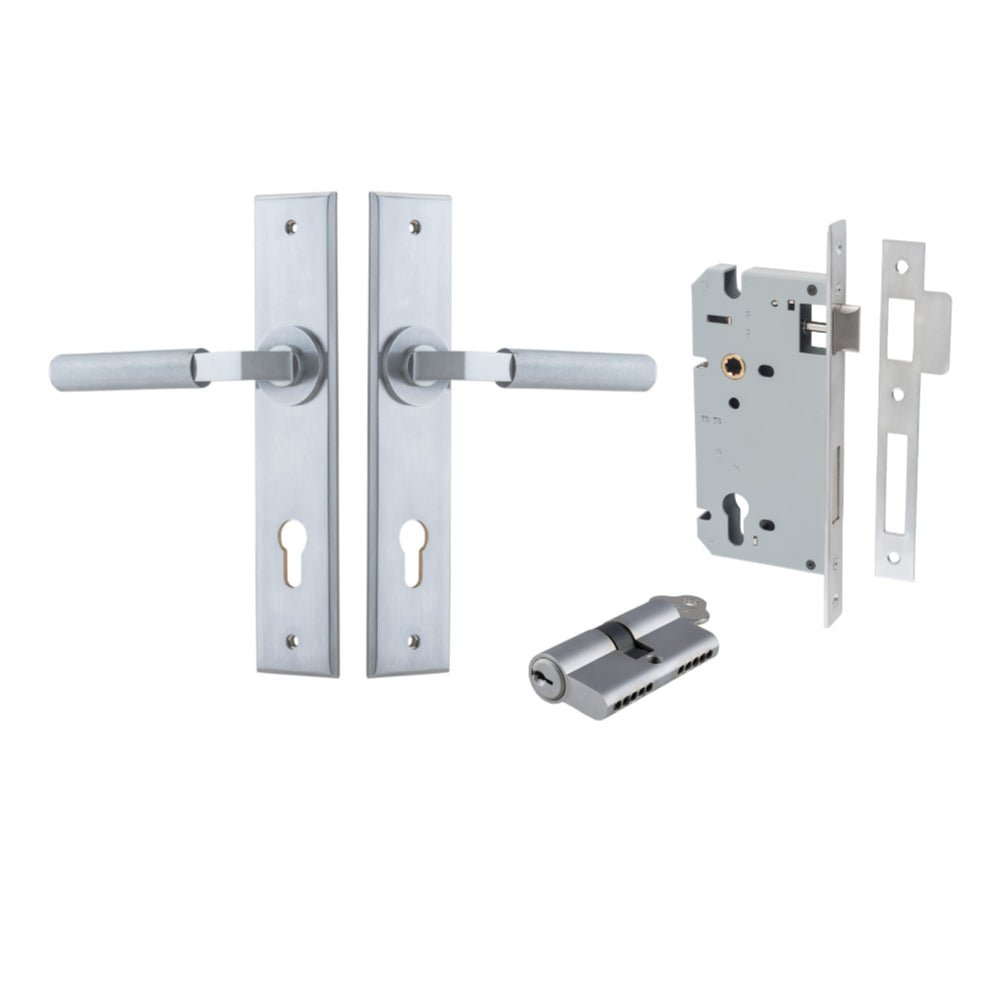 Door Lever Brunswick Chamfered Euro Pair Brushed Chrome CTC85mm L120xP59mm BPH240xW50mm, Mortice Lock Euro Brushed Chrome CTC85mm Backset 60mm, Euro Cylinder Dual Function 5 Pin Brushed Chrome 65mm KA4 in Brushed Chrome