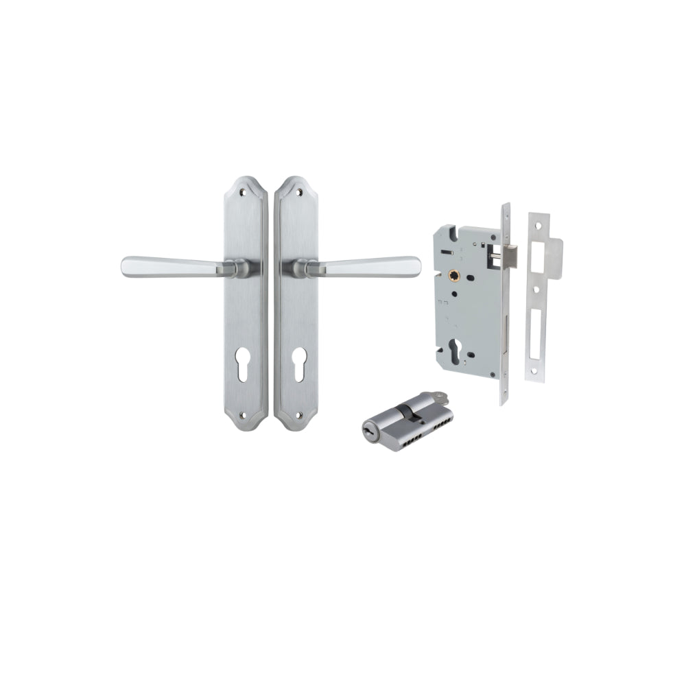 Door Lever Copenhagen Shouldered Euro Pair Brushed Chrome CTC85mm H250xW48xP61mm Entrance Kit, Mortice Lock Euro Brushed Chrome CTC85mm Backset 60mm, Euro Cylinder Dual Function 5 Pin Brushed Chrome L65mm KA1 in Brushed Chrome