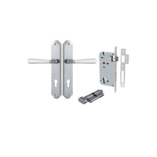 Door Lever Copenhagen Shouldered Euro Pair Brushed Chrome CTC85mm H250xW48xP61mm Entrance Kit, Mortice Lock Euro Brushed Chrome CTC85mm Backset 60mm, Euro Cylinder Key Thumb 6 Pin Brushed Chrome L70mm KA1 in Brushed Chrome