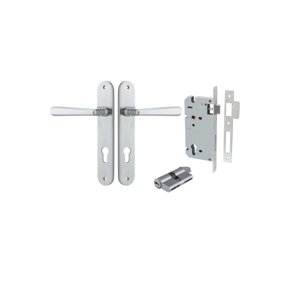 Door Lever Copenhagen Oval Euro Pair Brushed Chrome CTC85mm H240xW40xP61mm Entrance Kit, Mortice Lock Euro Brushed Chrome CTC85mm Backset 60mm, Euro Cylinder Dual Function 5 Pin Brushed Chrome L65mm KA1 in Brushed Chrome