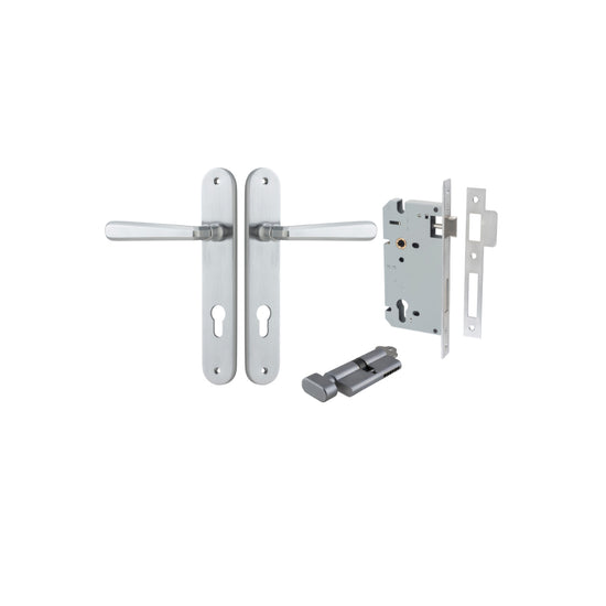 Door Lever Copenhagen Oval Euro Pair Brushed Chrome CTC85mm H240xW40xP61mm Entrance Kit, Mortice Lock Euro Brushed Chrome CTC85mm Backset 60mm, Euro Cylinder Key Thumb 6 Pin Brushed Chrome L70mm KA1 in Brushed Chrome