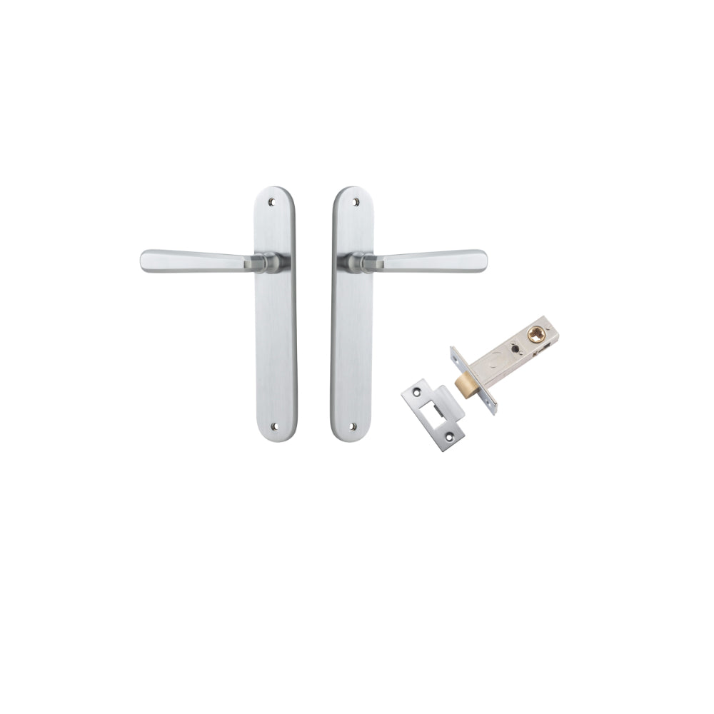 Door Lever Copenhagen Oval Latch Pair Brushed Chrome H240xW40xP61mm Passage Kit, Tube Latch Split Cam 'T' Striker Brushed Chrome Backset 60mm in Brushed Chrome