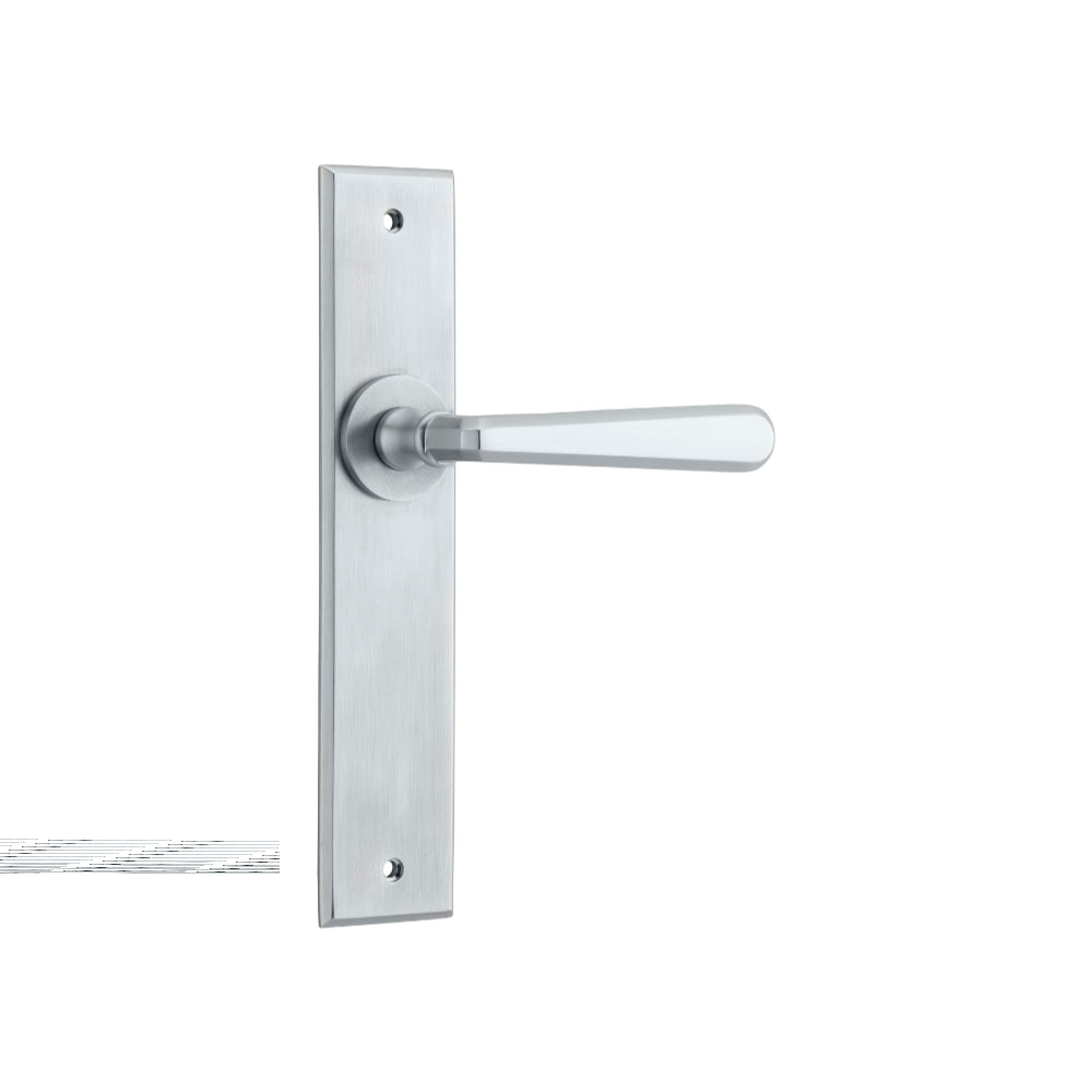 Door Lever Copenhagen Chamfered Latch Pair Brushed Chrome H240xW50xP61mm in Brushed Chrome