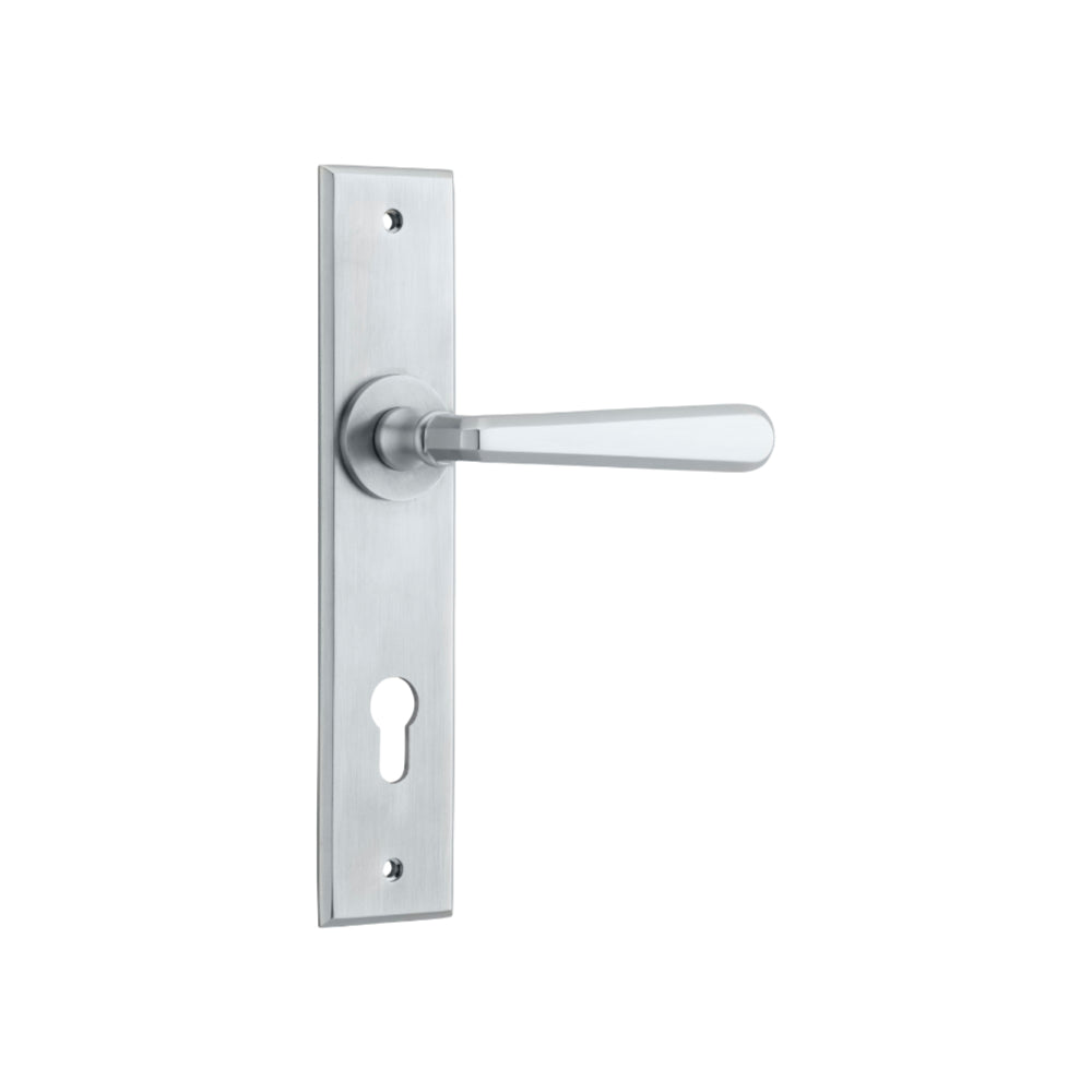 Door Lever Copenhagen Chamfered Euro Pair Brushed Chrome CTC85mm H240xW50xP61mm in Brushed Chrome