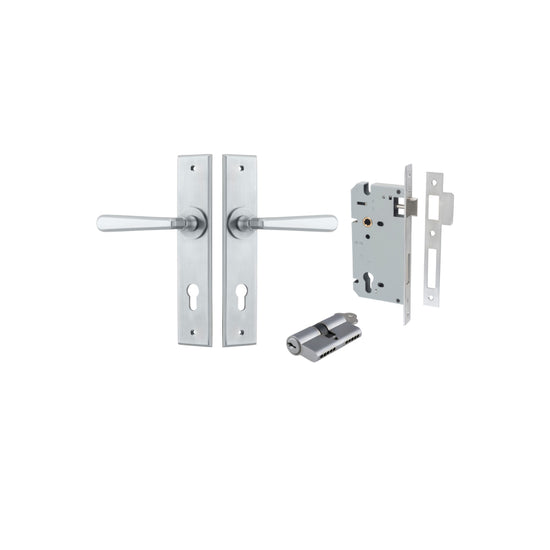 Door Lever Copenhagen Chamfered Euro Pair Brushed Chrome CTC85mm L120xP59mm BPH240xW50mm, Mortice Lock Euro Brushed Chrome CTC85mm Backset 60mm, Euro Cylinder Dual Function 5 Pin Brushed Chrome 65mm KA4 in Brushed Chrome