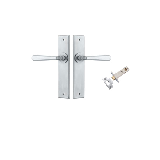 Door Lever Copenhagen Chamfered Brushed Chrome L120xP59mm BPH240xW50mm Passage Kit, Tube Latch Split Cam 'T' Striker Brushed Chrome Backset 60mm in Brushed Chrome