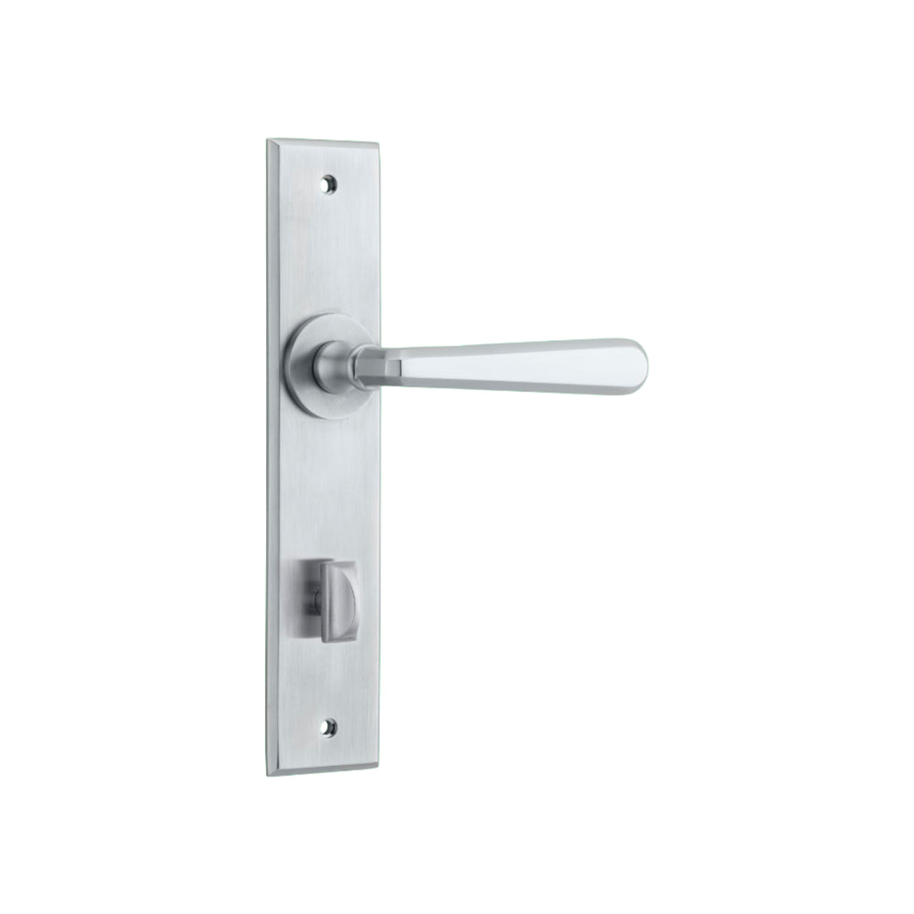 Door Lever Copenhagen Chamfered Privacy Pair Brushed Chrome CTC85mm H240xW50xP61mm in Brushed Chrome