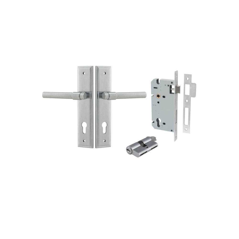 Door Lever Helsinki Stepped Euro Pair Brushed Chrome CTC85mm H237xW50xP44mm Entrance Kit, Mortice Lock Euro Brushed Chrome CTC85mm Backset 60mm, Euro Cylinder Dual Function 5 Pin Brushed Chrome L65mm KA1 in Brushed Chrome